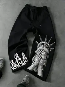 Men's Casual Sporty Long Pants, Athleisure Pants, Lady Liberty & Flame Pattern Print, Drawstring Wide Leg, All Season Loose Fit, Men's Fashion, Athleisure Style Pants