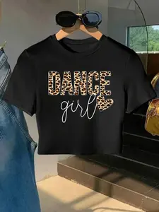 Summer outfit short-sleeve slim-fit cropped crew neck T-shirt, available in white, black, and gray, with leopard print text pattern, suitable for girls' daily casual wear