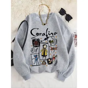 Women's Coraline Graphic Sweatshirt, Casual Loose-Fit Dark Fantasy Print Top, Thick Kint Fabric, Spring & Fall Fashion