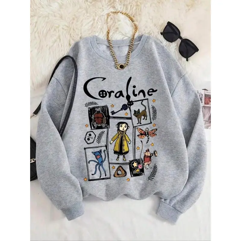 Women's Coraline Graphic Print Sweatshirt, Casual Loose-Fit Pullover with Long Sleeves and Round Neck, Midweight Knit Top for Spring & Fall, Casual Hoodie, Dark Fantasy
