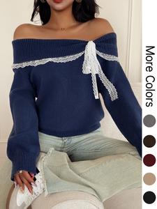 women's off shoulder lace bow long sleeve pullover sweater, cute knit top for fall & winter, casual fashion for ladies, women fall outfit, cute winter sweater for women, autumn knitwear