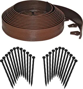 Tall Wall No-Dig Landscape Edging with Anchoring Spikes, 2.5 in. Tall Straight Top Plastic Garden Border with Woodgrain Texture, 40 Foot Kit, Brown