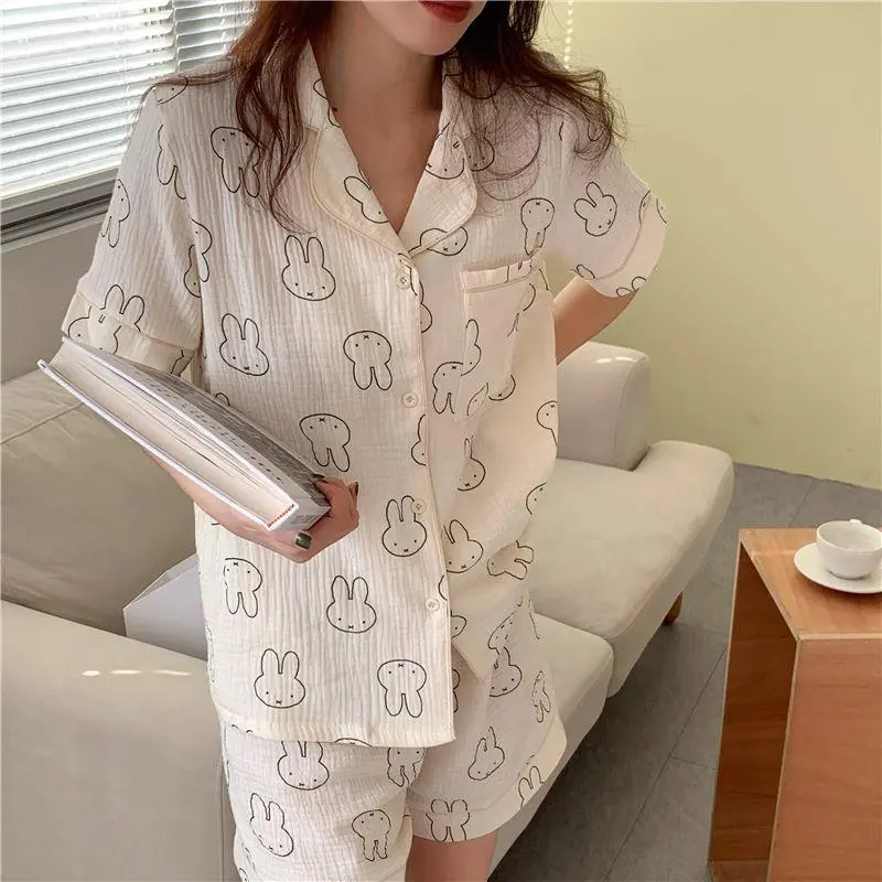 Women's Miffy Kawaii Rabbit 2-Piece Pyjamas Set - Short-Sleeve Top, Short Pants, Loose-Fit, Lightweight, Breathable Cartoon Loungewear