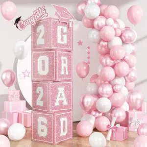 2026 Graduation Decorations, 4Pcs Graduation Boxes, So Proud of You and Class of 2026 Grad Balloon Boxes, Pink Congrats Box for College, High School, Prom Party Supplies
