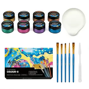 Fzihue 8-color metallic acrylic pigment set (including brush and palette) with strong adhesion, refurbished pigments, handmade pigments suitable for high-end glitter effects on various materials such as crafts, canvas, wood, etc