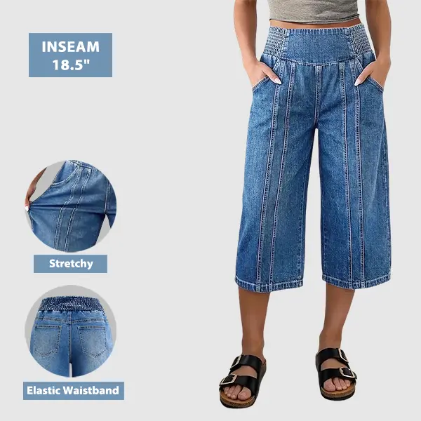 Flamingals Stitch Detail Shirred High Waist Straight Leg Capri Jeans Womenswear Stretchy 18.5" Inseam