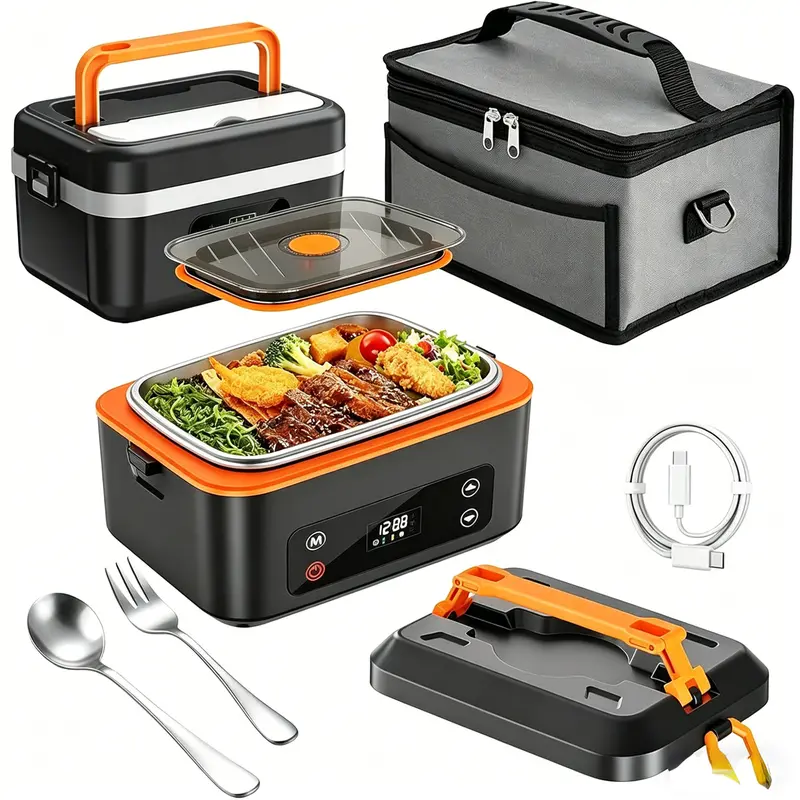 Cordless Electric Rechargeable Lunch Box for Adults - 1L/1200ml 304 Steel Interior Insulated Container, USB-C, Leakproof Seal, Carry Bag, Portable Tableware, Outdoor Office Use Portable Lunch Warmer