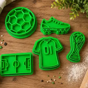 Soccer Cookie Cutter Set | Ball, Jersey, Trophy, Field & Cleat | 5-Piece 3D Printed Baking Kit.