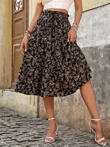 Women's Ditsy Floral Print Elastic Waist A Line Stretch Skirt, Elegant Fashion Casual Midi Skirt for Daily Outdoor Wear, Women's Bottoms for Spring & Fall