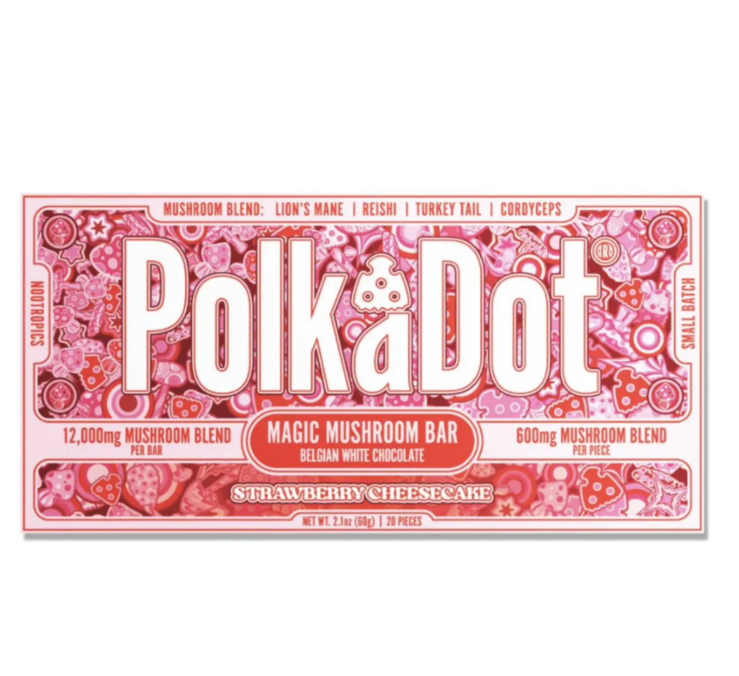 Polkadot Belgian Chocolate, Strawberry Cheesecake, 20 Count, Premium Plant-Based Chocolate, 100% Organic, High-Quality Ingredients, Made in USA, All Natural, Healthy Chocolate, Plant-based Snack, 20 Piece Chocolate Bar