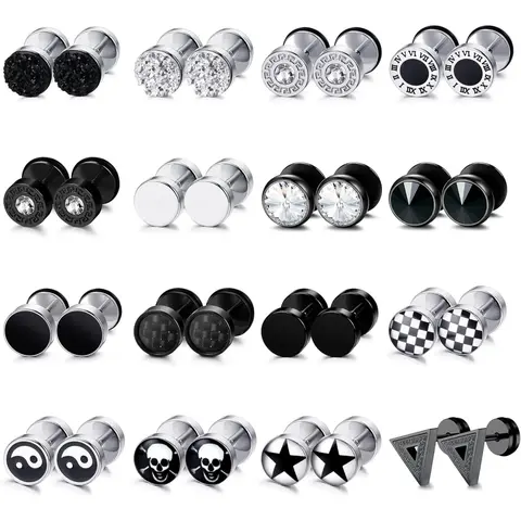 16 Pairs Fake Gauge Earrings for Men & Women, Stainless Steel Studs, Fake Ear Plugs, Star Design Jewelry, Stud Earrings, Ear Accessories, Earring Pack