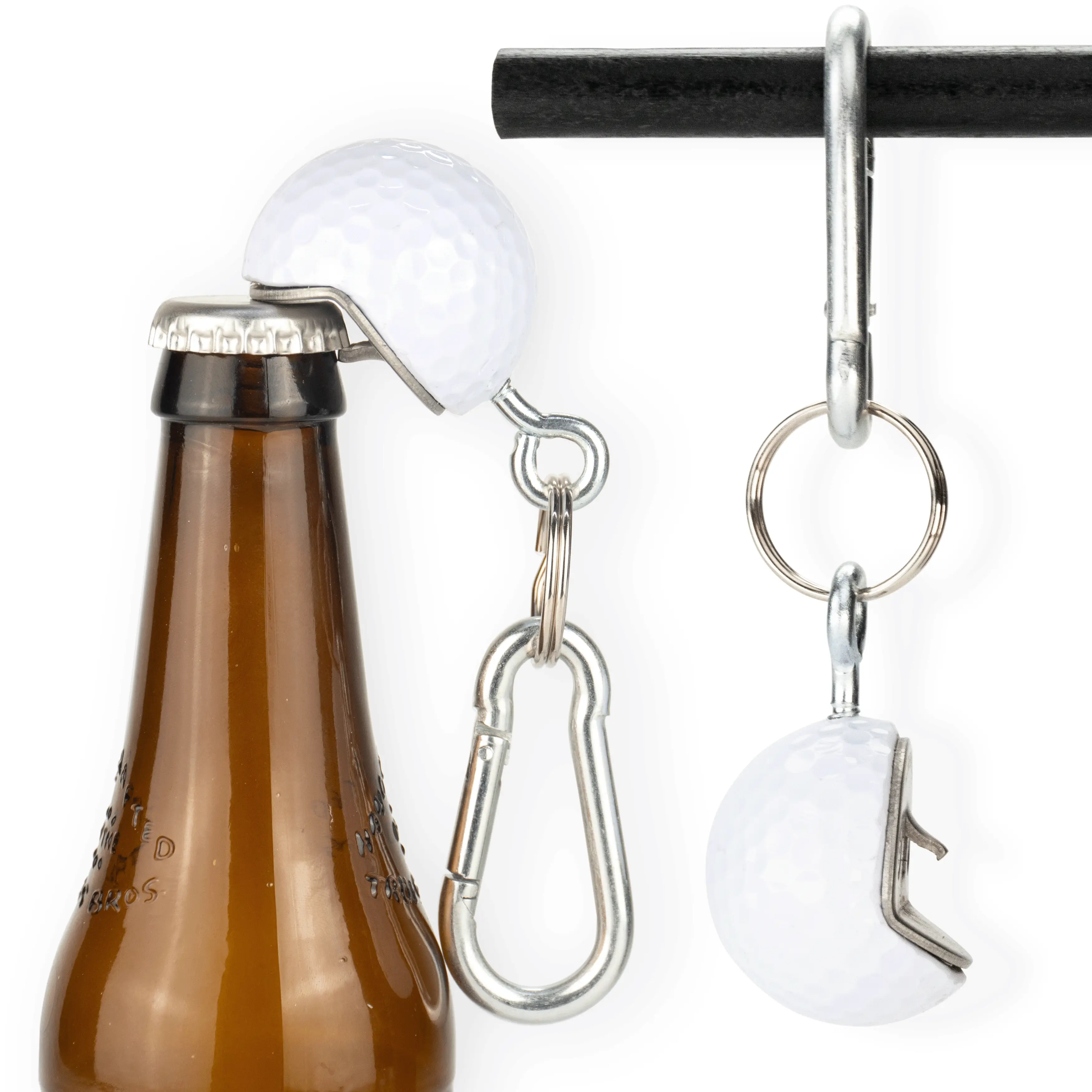 Golf Ball Bottle Opener made from a REAL Golf Ball, Clips to Golf Bag or makes a good Keychain