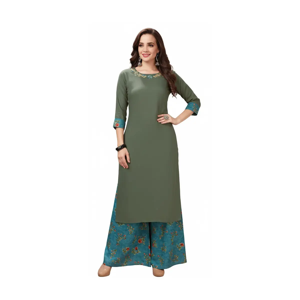 #Taste- 6 Stunning  olive green Rayon Kurti & Palazzo  Set