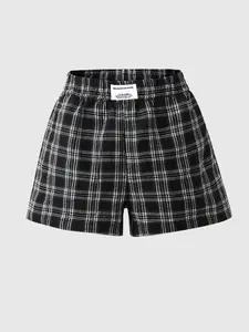 Soft Flannel Black White Plaid Boxer Shorts, 2026 Y2K High Waist Elastic Waistband Casual Loungewear, Breathable Comfortable Streetwear Aesthetic, Viral TikTok Summer Outfit for Women, Trendy All-Match Daily Wear, Lightweight Fabric, Cute Preppy Style