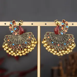 Pair of Elegant Vintage Bollywood Peacock Earrings | Golden-Tone Zinc Alloy with Colorful Enamel & Gemstone Details, Perfect for Parties, Festivals, and Special Occasions, Special Occasion Earrings | Intricate Craftsmanship magnetic earrings