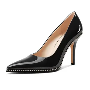 Womens Stiletto Mid Heel Pointed Toe Pumps Slip-on Sliver Beaded Prom Wedding Dress Basic Classic Patent Leather 3.5 Inches Heels saint ripper