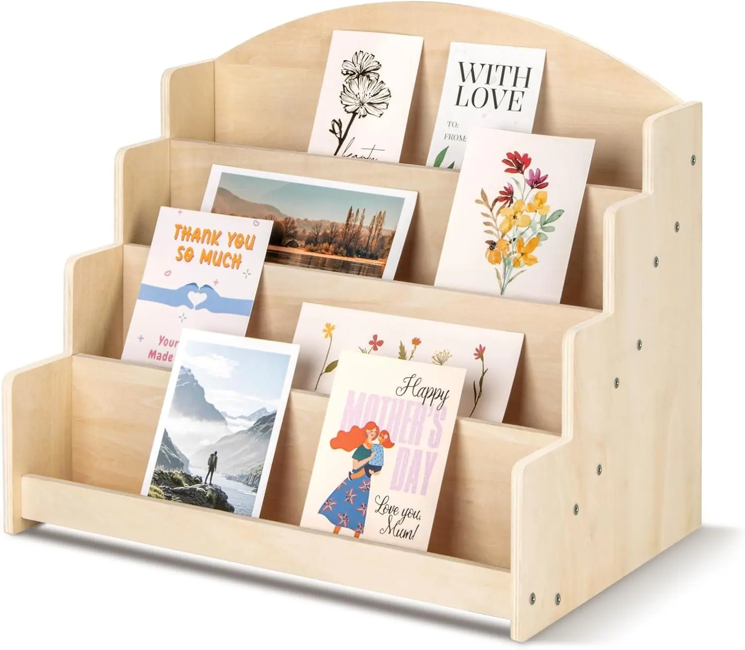 Greeting Card Display Stand Holder - 4-Tier Wooden Organizer Rack for Retail Stores, Postcards, Stickers & Stationery Vendors Beige