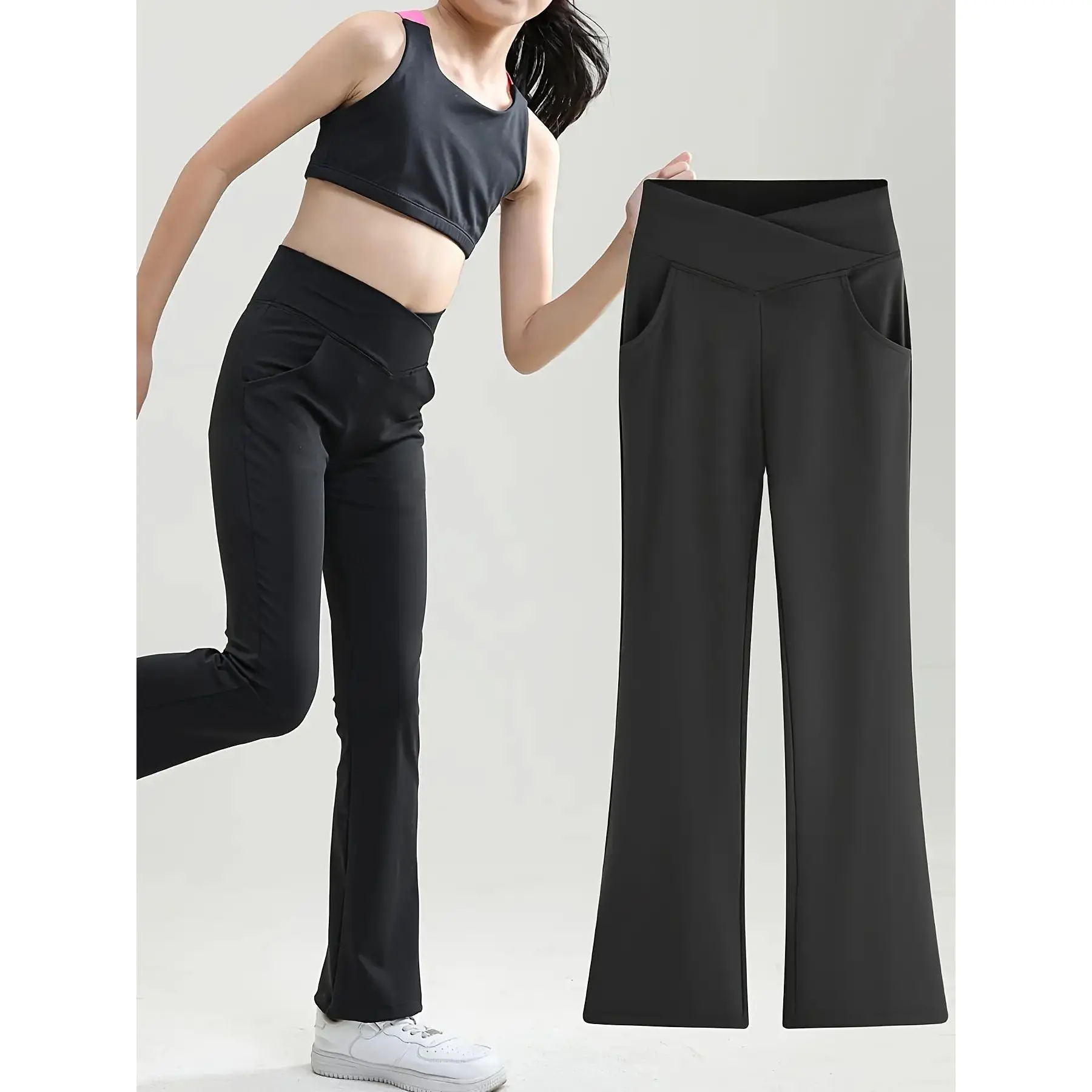 2pc Girls’ High-Waisted Flared Pants    Stretchy + V/Flat Waist Options |           Pockets |           Solid Color |           4-12 Yrs |           Spring/Fall.