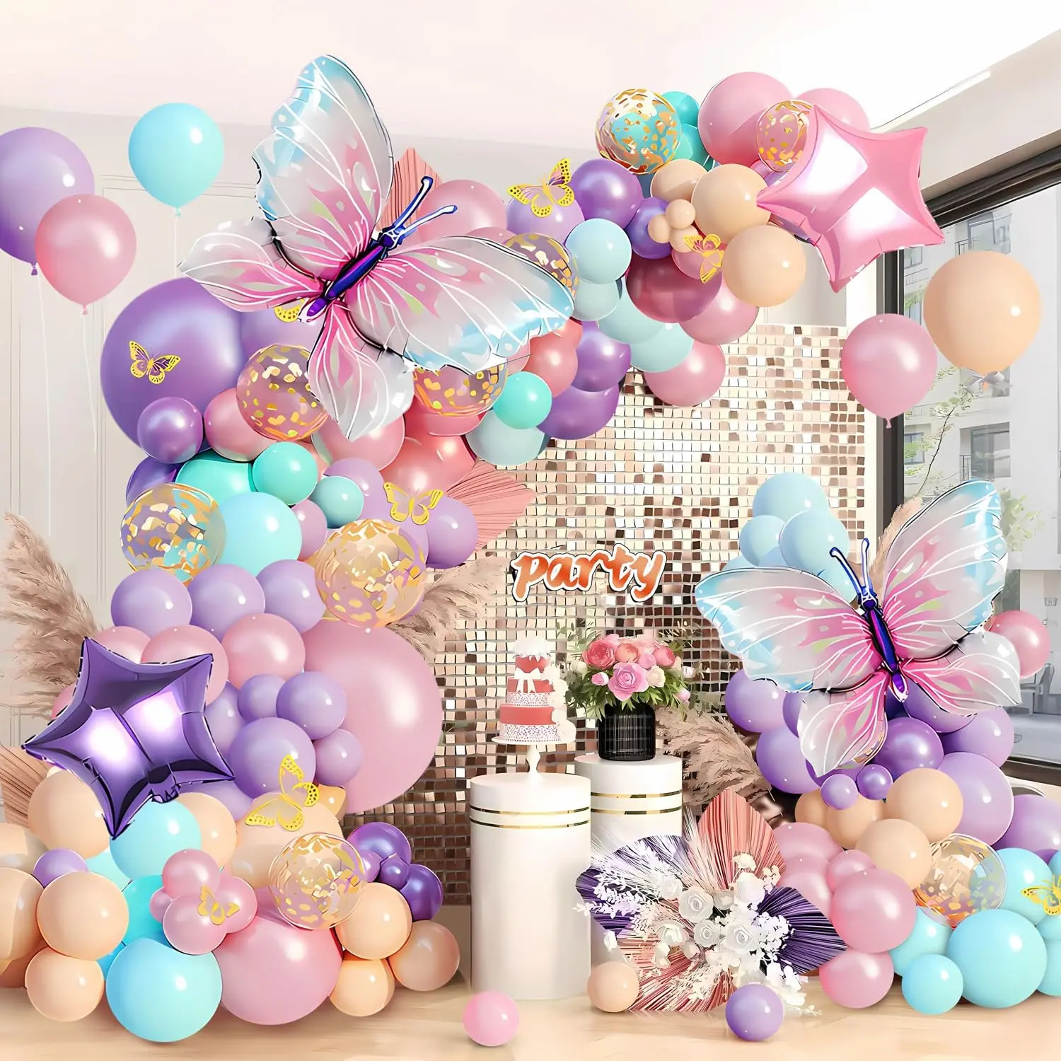 Giant Shiny Transparent Light-Up Pastels Mint Pink-Purple Star Butterfly Balloon Arch Garland Kit with Glue, Garden & Girls' Birthday Party Decorations (Home & Festive Supplies, Champagne Gold Accents)