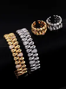 2pcs/set 18k Gold-Plated Copper Spliced Zircon Bracelet & Open Ring Set, Water Drop Shape, Fashion Jewelry for Men & Women, Ideal Gift