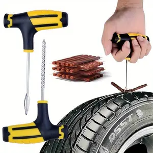 T-Handle Tire Repair Kit, Heavy Duty Tubeless Tire Plug Tool Set, Emergency Flat Tire Repair Kit with Rubber Strips for Cars, SUVs, Trucks & Motorcycles, Car Repair Tools