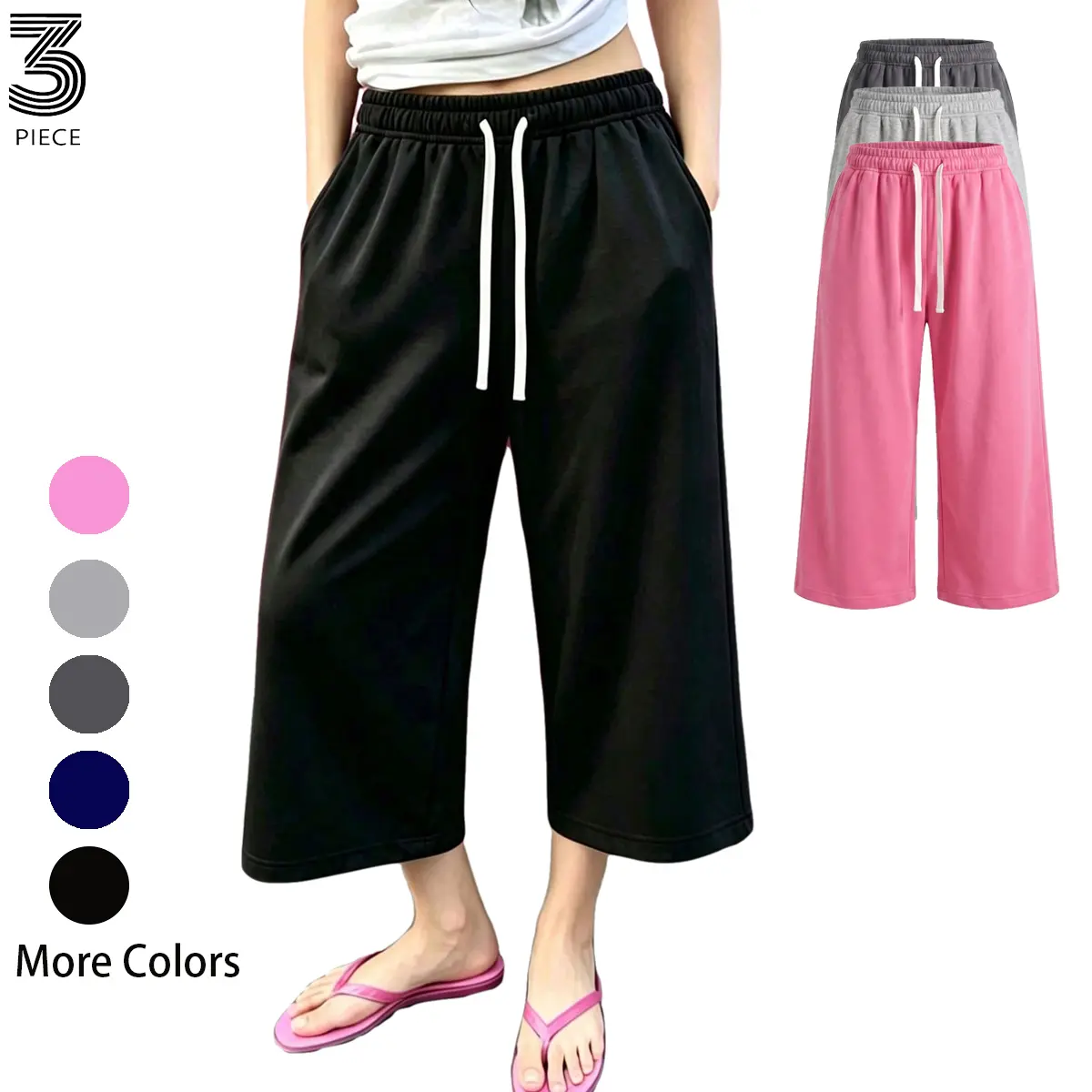 Women Breathable Casual 3 Quarter Wide Leg Pants Basic Bottoms With Angled Side Pockets Elastic Drawstring Waist Lightweight Summer Trousers For Work Commute Travel Outdoor Daily Wear