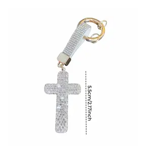 Rhinestone-Inlaid Sparkling Christian Cross Keychain, Auspicious Alloy Holiday Casual Accessory for Men-Women, Car Key Decor & Cross Statement Pendant