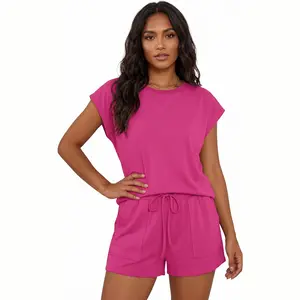 Summer 2 Piece Lounge Set for Women Casual Sleeveless Tee & Drawstring Pocket Shorts Matching Co-ord Outfit Comfortable Solid Color Loose Fit Sweatsuit Everyday Basics Activewear Gym Workout Travel Vacation Sleepwear Pajamas Two Piece Tracksuit Suit