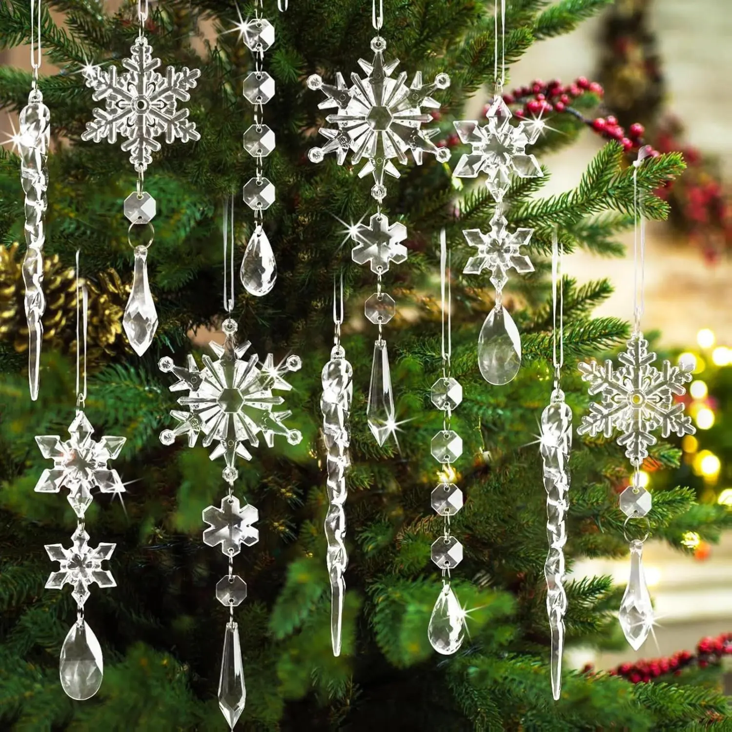 [New deal]- 18pcs Crystal Christmas Ornaments for Tree Decorations-Hanging Acrylic Snowflake Icicle Ornaments with Drop Pendants for Winter Wonderland Chandelier Crystals Decorations Supplies