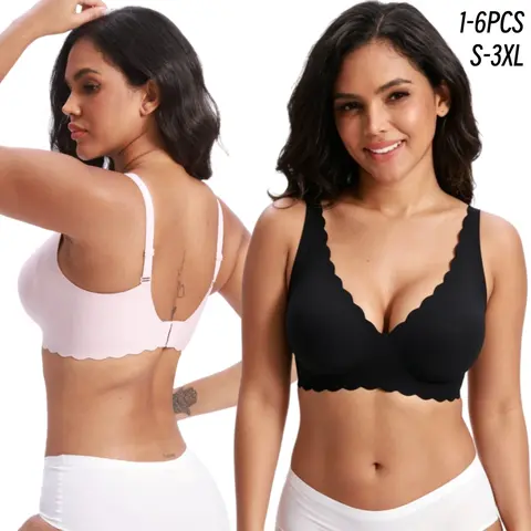 1/2/3/4/5/6 Women's Wireless Bralettes Deep V Jelly Scalloped Comfortable Full Coverage Push Up Seamless T-Shirt Bras (S-3XL)