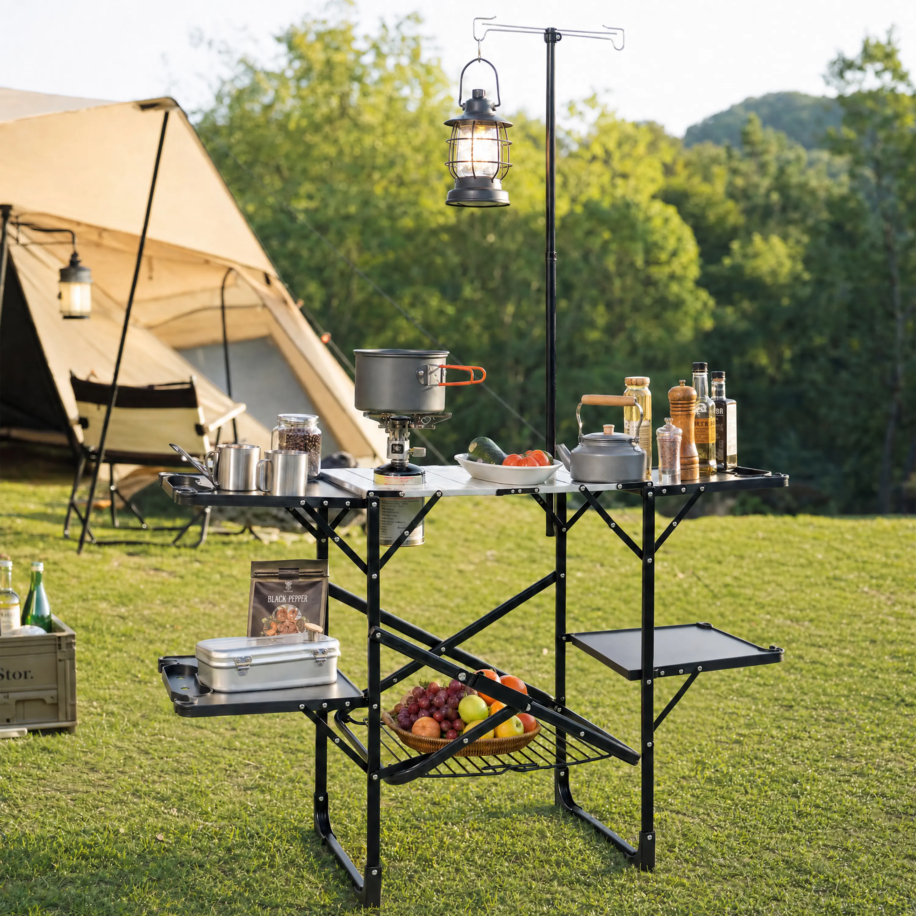 Folding Camping Kitchen Table - Portable Outdoor Cooking Station with Heat-Resistant Top, 4 Side Tables, Storage Rack, Lamp Post for Outdoor Gatherings