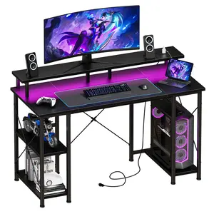 48 inch Gaming Desk with LED Lights & Power Outlets, Computer Desk with Monitor Stand & Storage Shelves, CPU Stand, Home Office Desk
