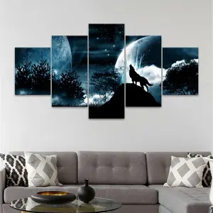 Wolf & Starry Sky Pattern Canvas Painting, 5 Counts/set Abstract Forest Edge Wall Art Poster, Wall Art Decor for Home Living Room Bedroom Office, Modern Home Decor Ornaments, Decorative Artwork, Art Wall Decoration