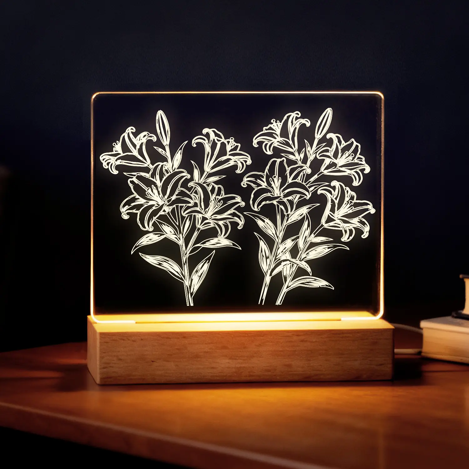 LIVEKEY Lily Carved Acrylic LED Night Light with Wooden Base, Dimmable Soft Warm Glow Mood Lighting, Decorative LED Light for Bedroom, DIY Photo Frame Compatible for Everyday Use