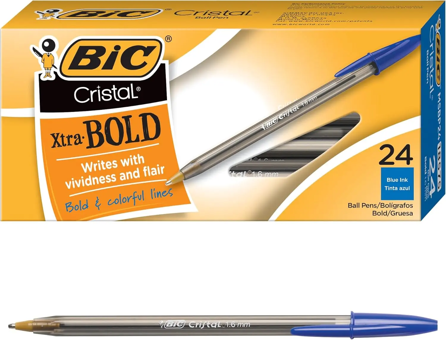 BIC Cristal Xtra Bold Ballpoint Pens, 24 Count (Pack of 1), Bold Point (1.6mm) Blue Ink, Comfortable Grip, Back to School & Classrooms Writing Tools, 1.6Mm Bold Point