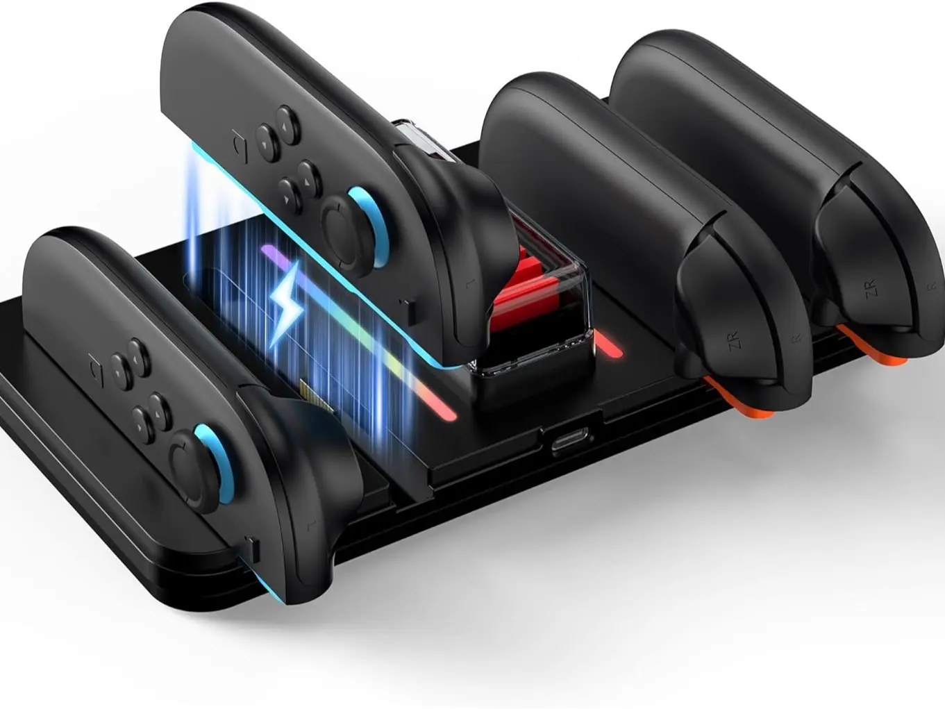 KUITMOR Compact Switch Joy-Con Charging Dock Accessories - 4-Port Console Charger Station with LED Indicators, 12 Game Card Holders, Flat Fast-Charging Cable for 2 Controllers