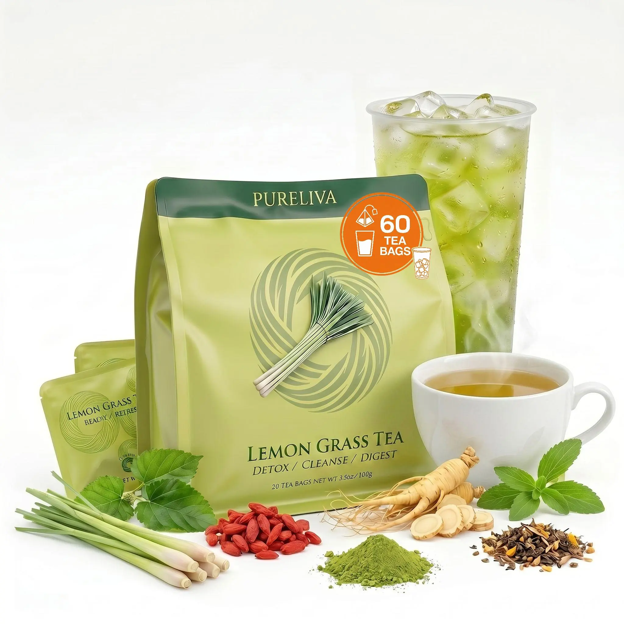 PURELIVA Sugar-Free Lemongrass Healing Herbal Tea Bags -Slim Tea(20/60 Servings, Single Serve) - Aromatic Natural Beverage with Herbal Blend, Matcha, Stevia, Dandelion, Digestion Support, Stomach Soothing for Afternoon Boost