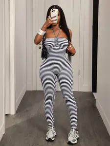 Women's Striped Halter Backless Bodycon Jumpsuit, Summer Sexy Slimming Vacation, Stripe Sleeveless Romper