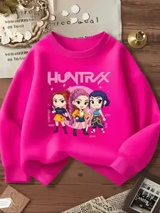 Kpop Anime Cartoon Print Elastic Fabric Girls' Casual Fitted Cute Sweatshirt, Youth Sports Wear for Outdoor & Indoor Activities