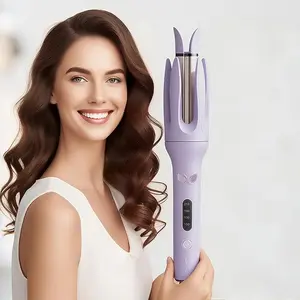 Professional Automatic Hair Curling Iron 4 Temperature Settings Ceramic Rotating Wand with Negative Ion Technology Travel Size 110V-240V Pink/Purple - Adjustable