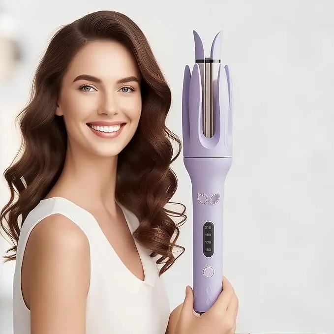 Professional Automatic Hair Curling Iron, 4 Temperature Settings, Ceramic Rotating Wand with Negative Ion Technology Travel Size 110V-240V(Pink/Purple)