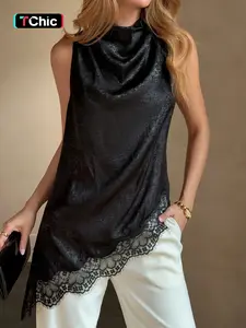 Womens Black Satin Blouse High Neck Sleeveless Top Asymmetrical Hem Lace Trim Elegant Silky Smooth Cowl Neck Draped Top Chic Office Wear Date Night Outfit Minimalist Luxury Fashion Lightweight Breathable Going Out Top Fabric