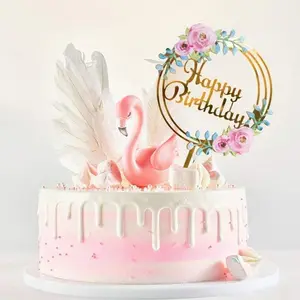 Acrylic cake toppers in an INS (Instagram-inspired) style, featuring flower designs printed via UV color printing; “Happy Birthday” dessert decorations; plug-in cross-border set; four-piece pastry decorative kit; colorful ornaments