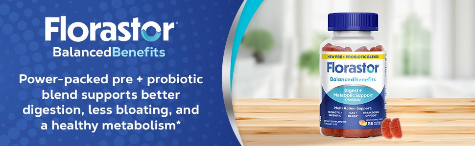 Florastor Prebiotic and Probiotic Gummies Supplement, Digestive and Metabolic Support Probiotic Blend for Multi-Action Digestive Healthcare, with Vitamin B12