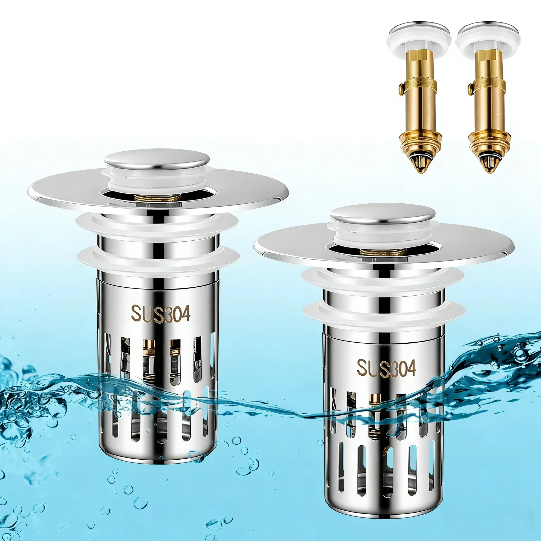 Bathroom Sink Stopper Hair Catcher Universal Pop Up Sink Drain Filter with Stainless Steel Filter Basket & Brass Drain Plug