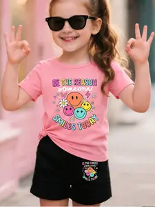 Girls' Smile Maker T-Shirt Shorts Set, Cute Cartoon Print, Comfortable Soft Fabric, Daily Wear, Kids Casual