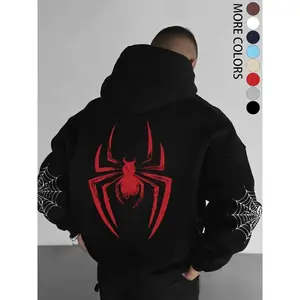 Men's Fall Winter Hoodie with Spider Pattern, Drawstring and Kangaroo Pocket, Casual Fitted Sweatshirt, Street Fashion