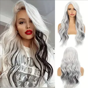 28 Inch Silver Gray Wavy Synthetic Wig Middle Part Long Body Wave Heat Resistant Hair for Women
