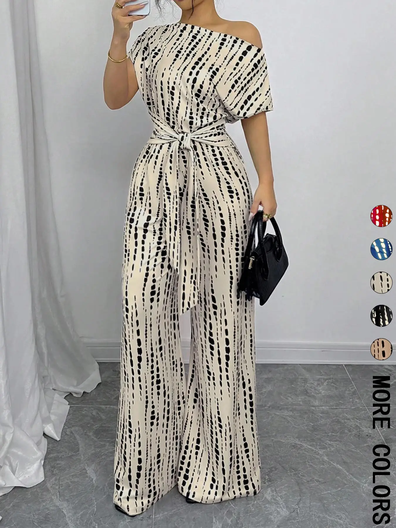 Women's All Over Print Tie Front Jumpsuit, Casual Asymmetrical Neck Jumpsuit for Spring & Fall, Women's Clothes for Daily Wear