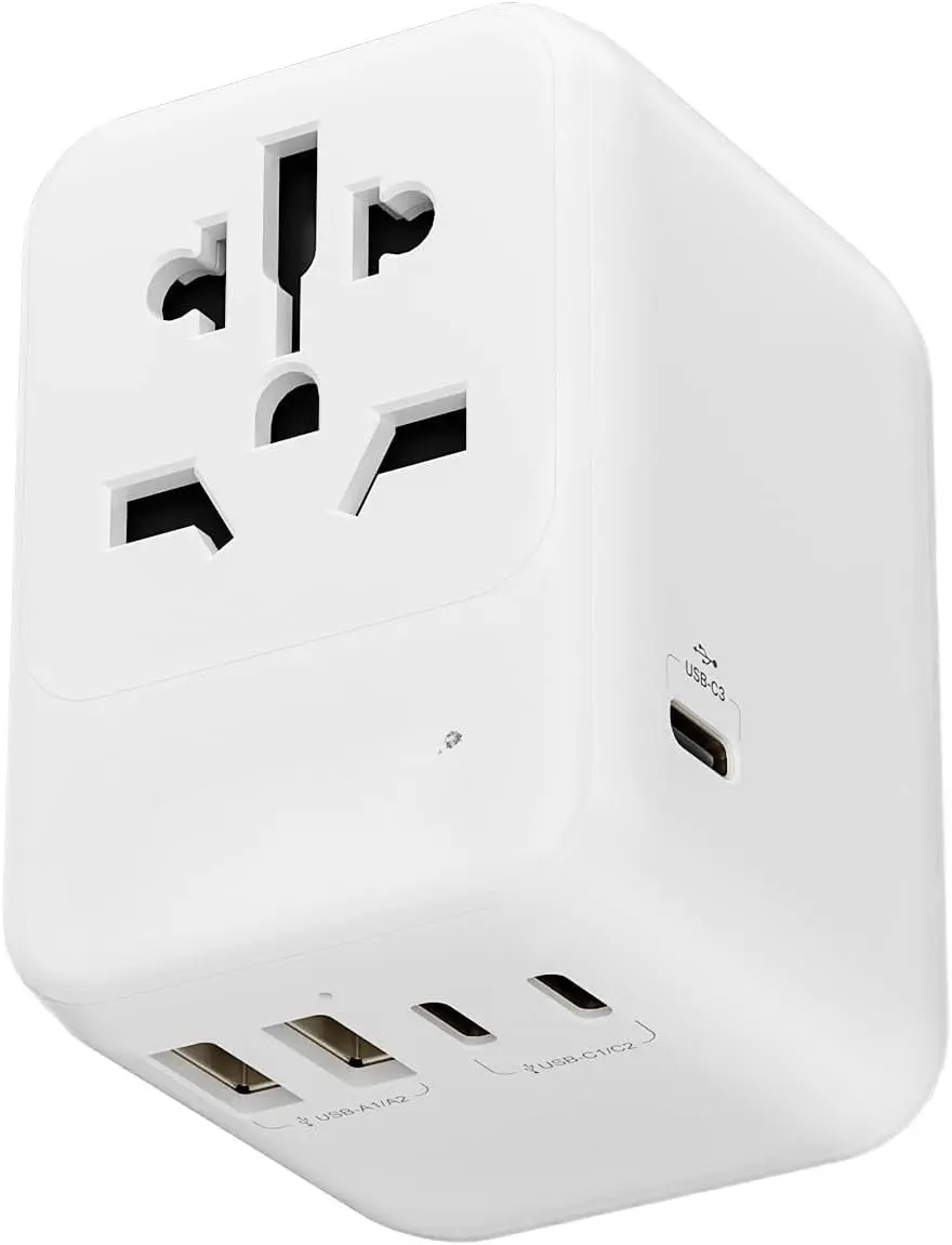 28W Universal Travel Adapter with Universal Socket, 5 USB-A Ports, 5.0v-5.6a Output - All-in-1 UK/AUS/EU Plugs, Small and Lightweight, Fashion Design for Worldwide Use (White)
